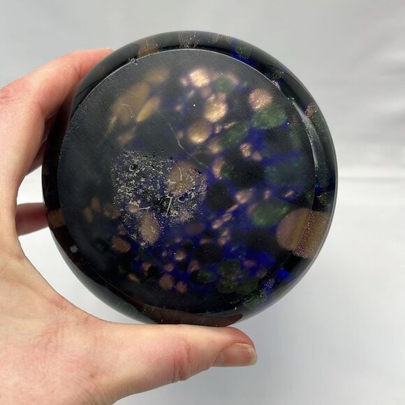 Large Heavy Handblown Cobalt Blue Glass Vase with Gold and Green Streaks - Picture 3 of 8